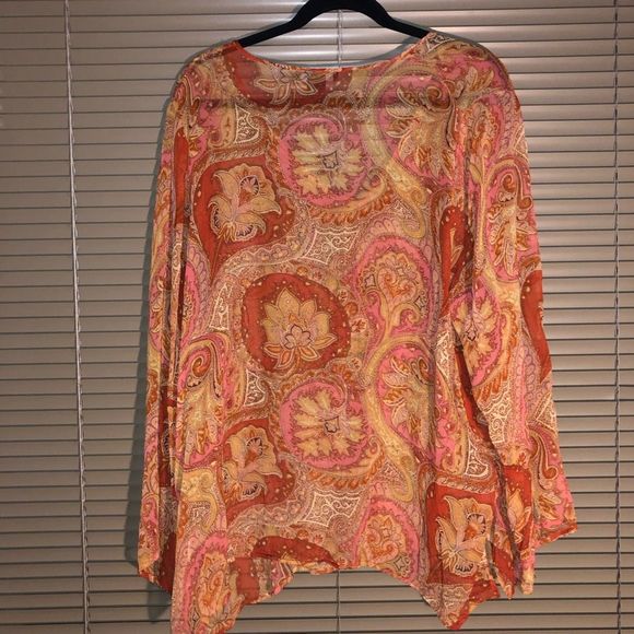 Karen Kane Orange Flowery 100% Silk Sheer Blouse Size 2X - Picture 2 of 6